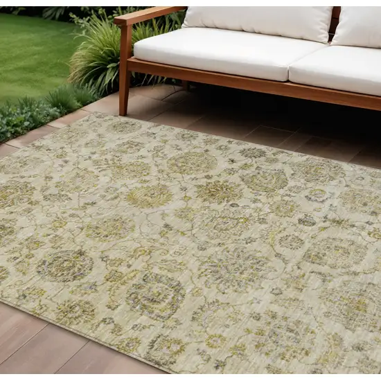 Beige And Gold Damask Washable Indoor Outdoor Area Rug Photo 2