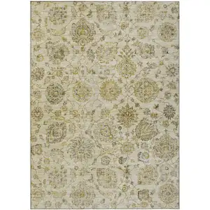 Photo of Beige And Gold Damask Washable Indoor Outdoor Area Rug