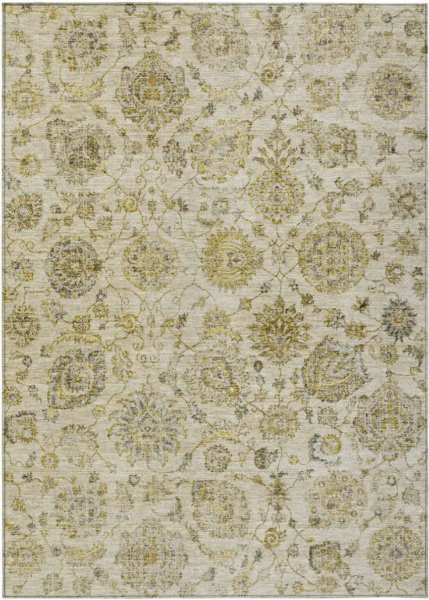 Beige And Gold Damask Washable Indoor Outdoor Area Rug Photo 1
