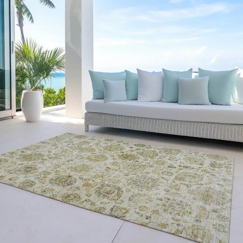 Beige And Gold Damask Washable Indoor Outdoor Area Rug Photo 5