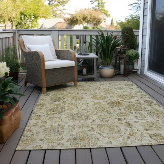 Beige And Gold Damask Washable Indoor Outdoor Area Rug Photo 8