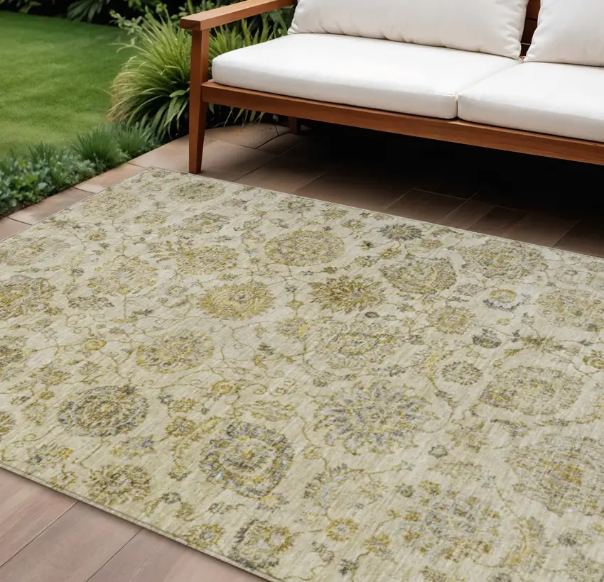 Beige And Gold Damask Washable Indoor Outdoor Area Rug Photo 2