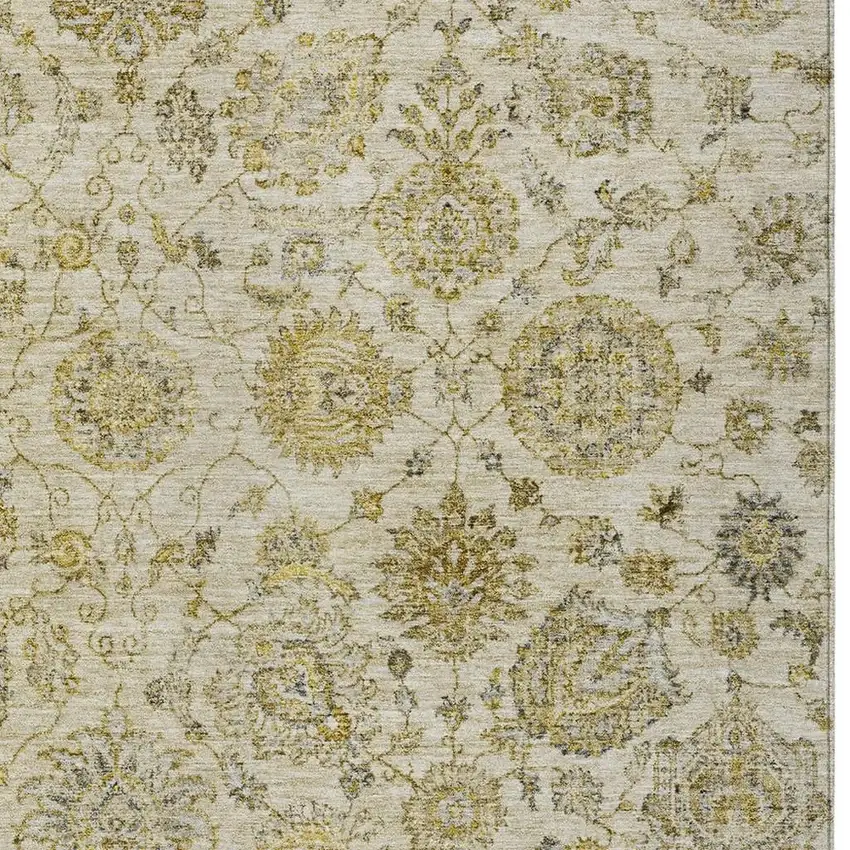 Beige And Gold Damask Washable Indoor Outdoor Area Rug Photo 3