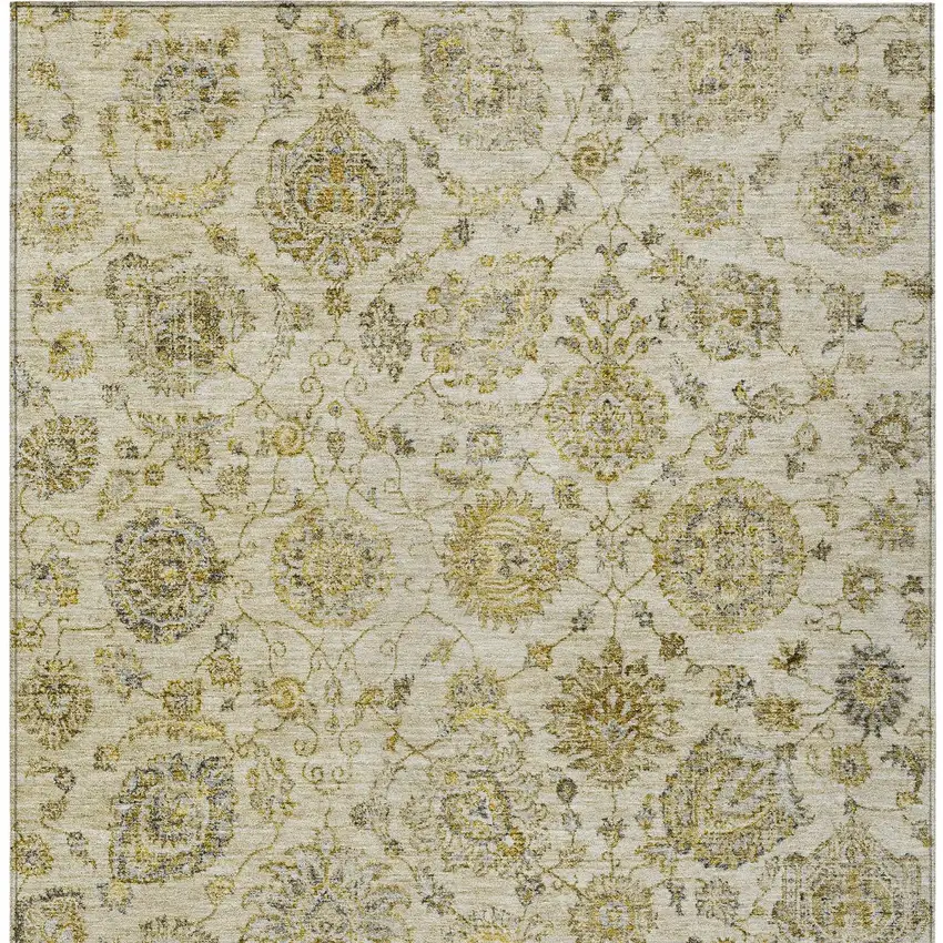 Beige And Gold Damask Washable Indoor Outdoor Area Rug Photo 9