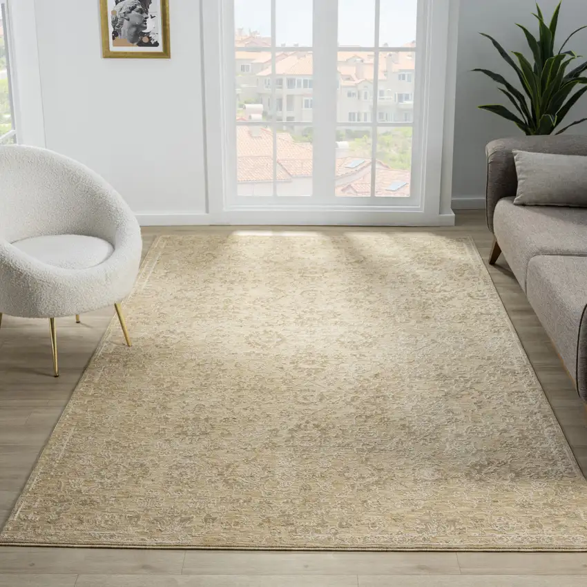 Beige And Gold Floral Square Rug Photo 6