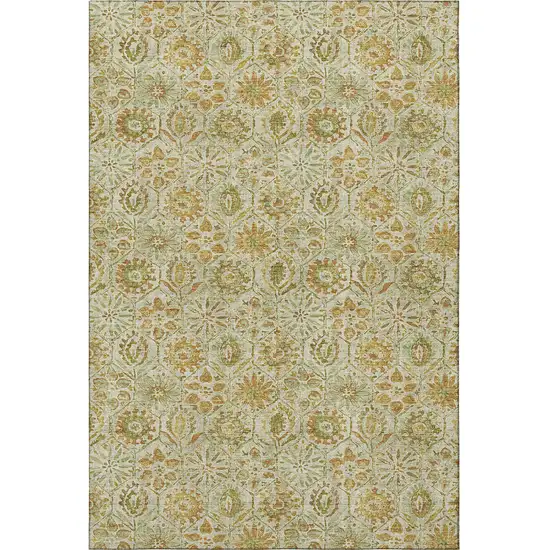 Beige And Gold Floral Washable Area Rug With UV Protection Photo 4