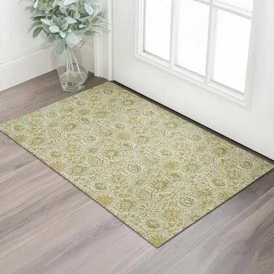 Beige And Gold Floral Washable Area Rug With UV Protection Photo 2