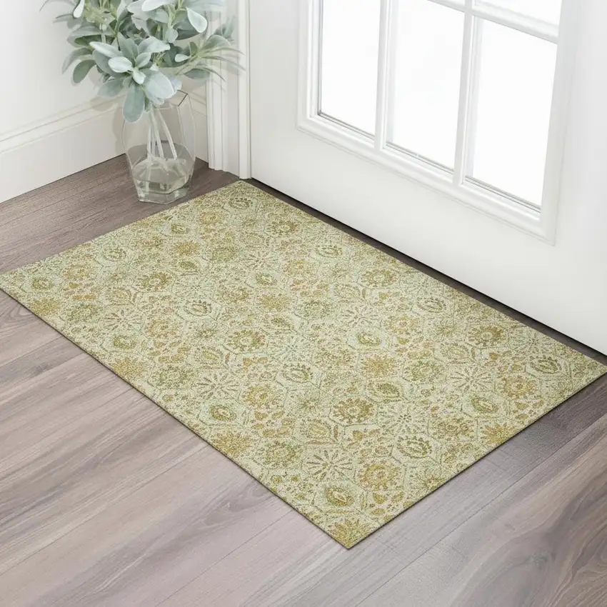 Beige And Gold Floral Washable Area Rug With UV Protection Photo 2