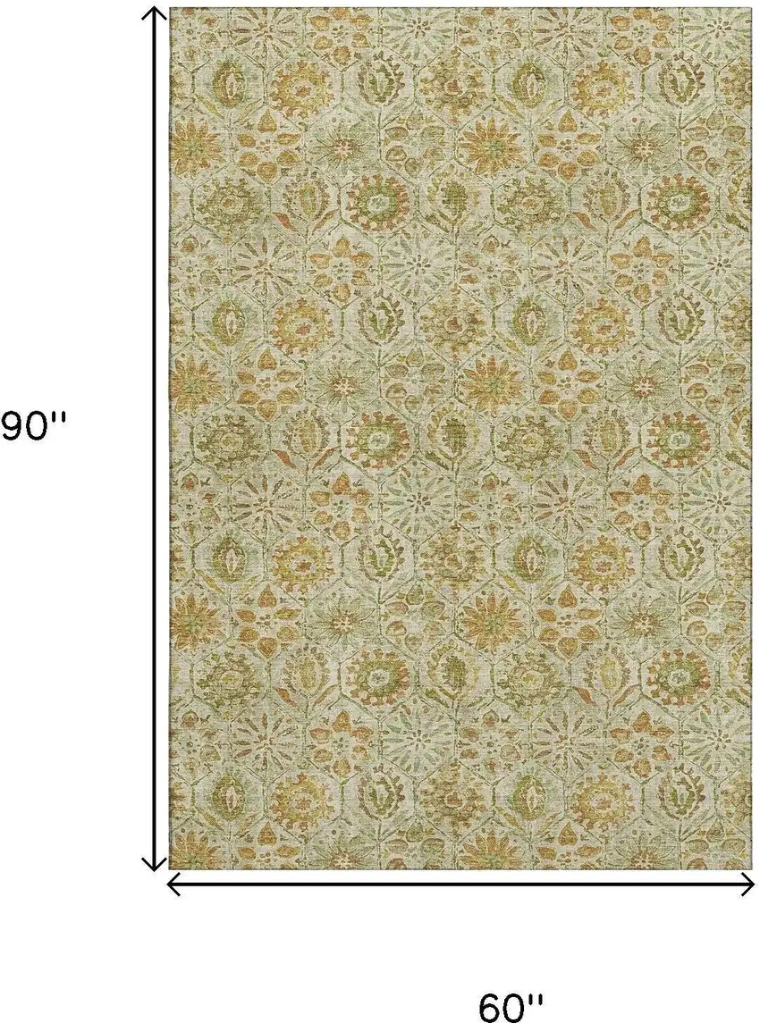 Beige And Gold Floral Washable Area Rug With UV Protection Photo 9