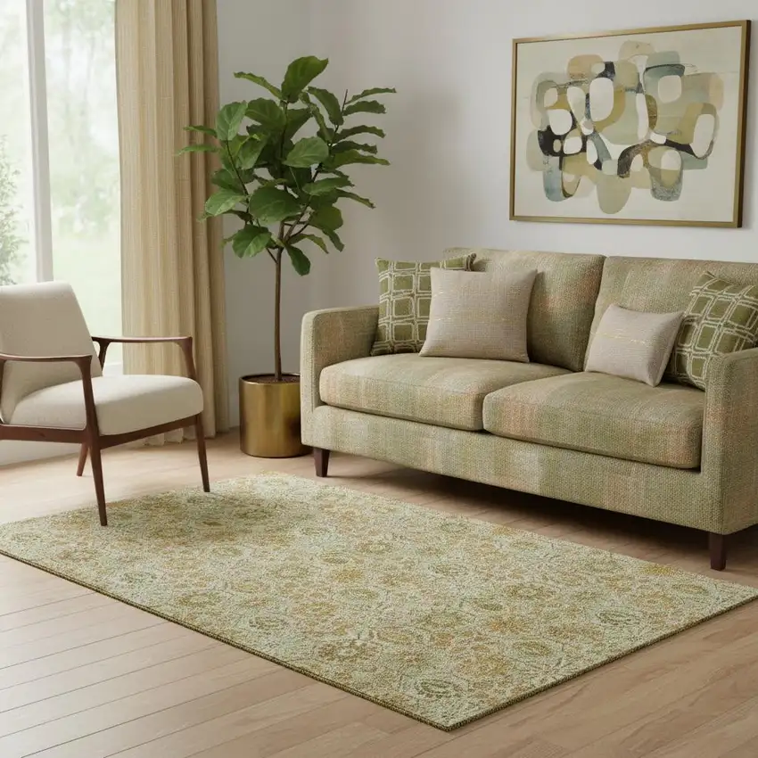 Beige And Gold Floral Washable Area Rug With UV Protection Photo 2