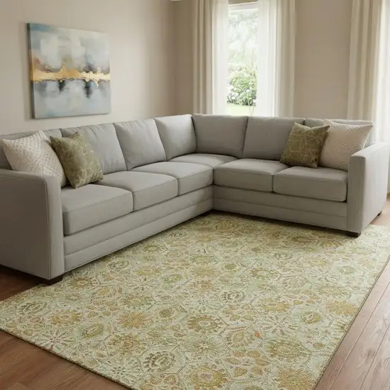 Beige And Gold Floral Washable Area Rug With UV Protection Photo 2