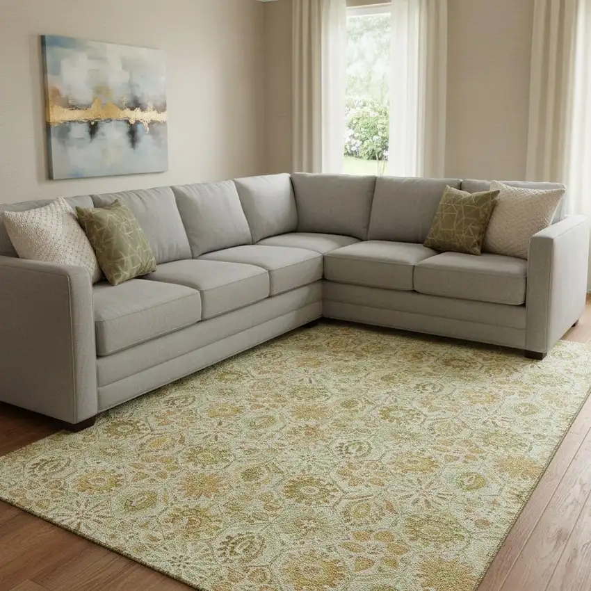 Beige And Gold Floral Washable Area Rug With UV Protection Photo 2