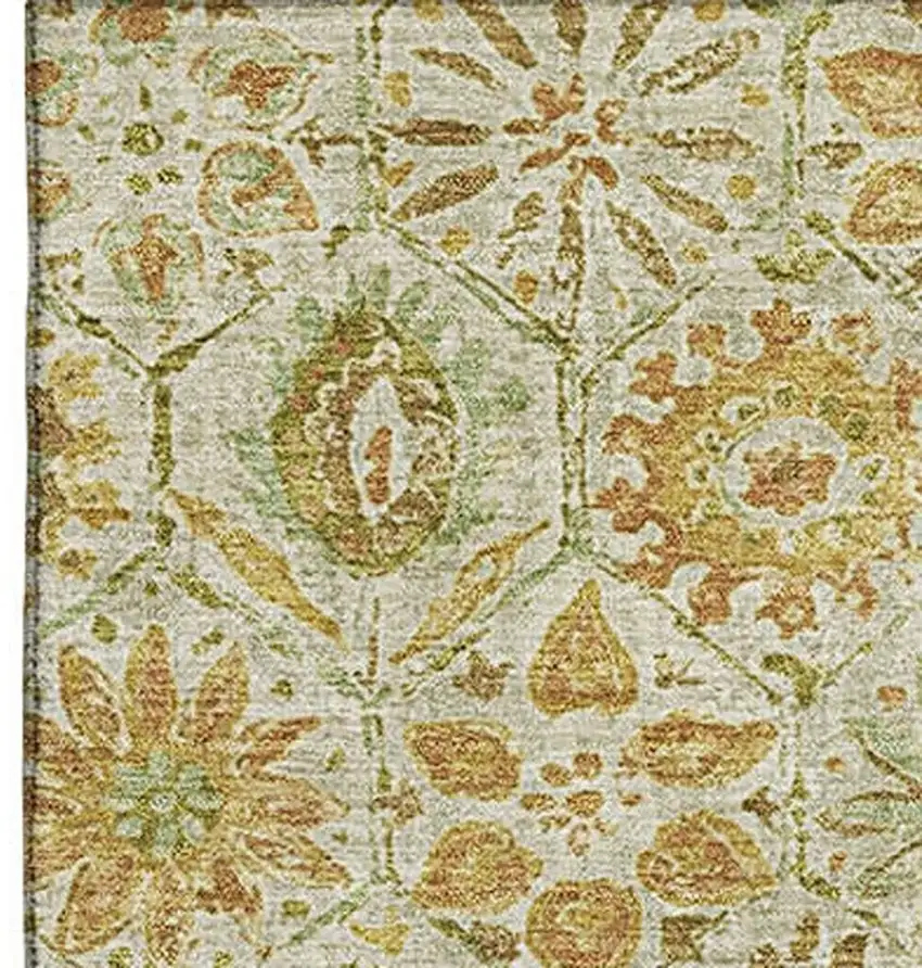 Beige And Gold Floral Washable Area Rug With UV Protection Photo 4