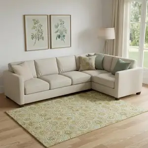 Photo of Beige And Gold Floral Washable Area Rug With UV Protection