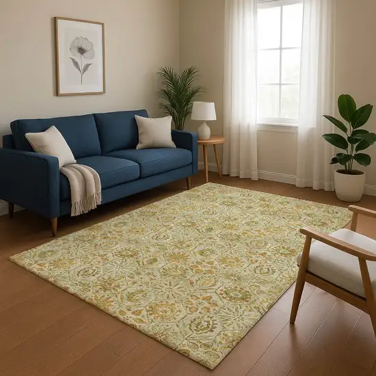 Beige And Gold Floral Washable Area Rug With UV Protection Photo 5