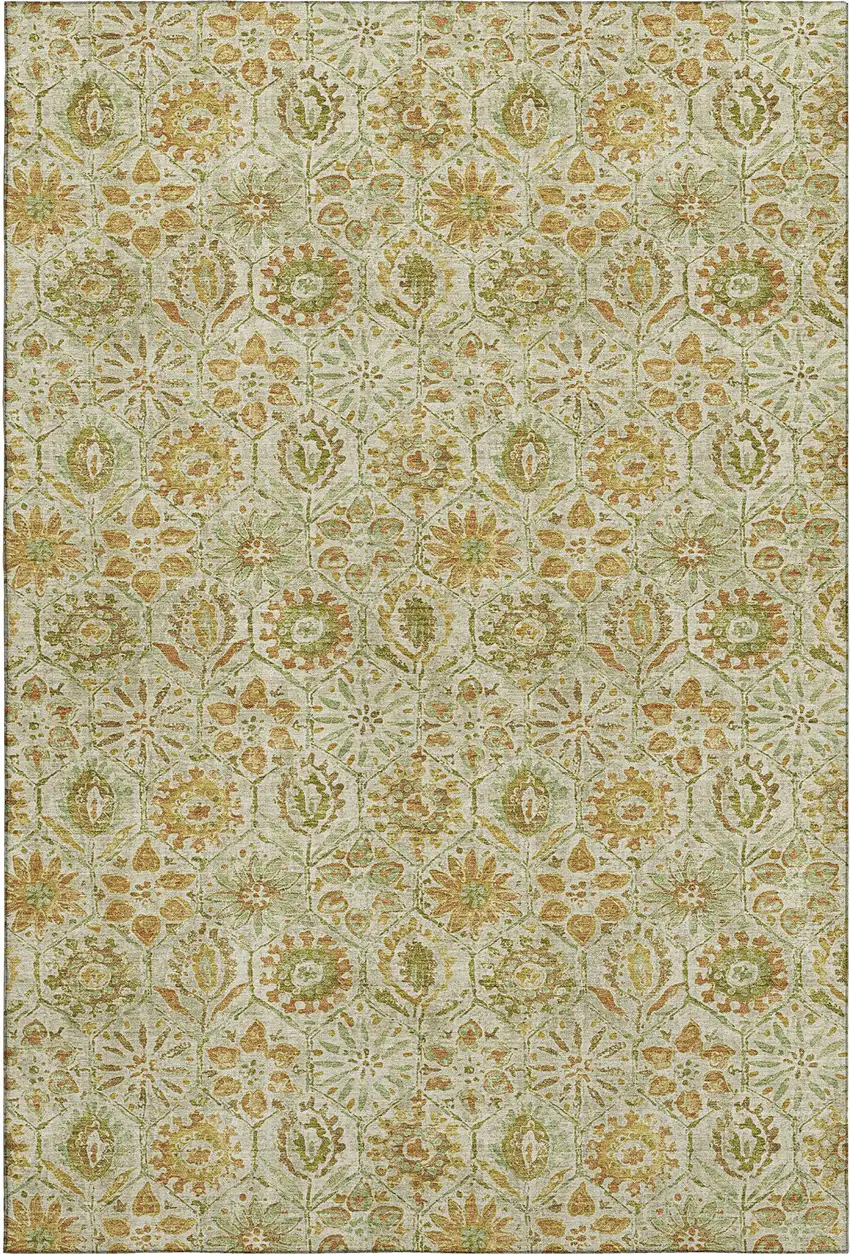 Beige And Gold Floral Washable Area Rug With UV Protection Photo 1