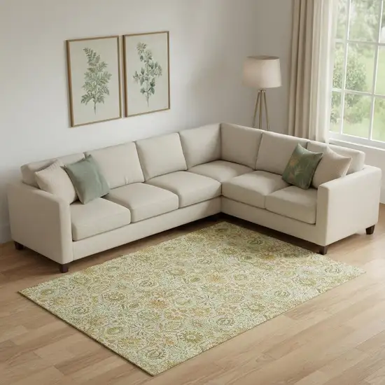 Beige And Gold Floral Washable Area Rug With UV Protection Photo 2