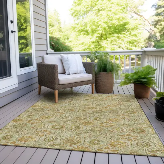 Beige And Gold Floral Washable Indoor Outdoor Area Rug Photo 8