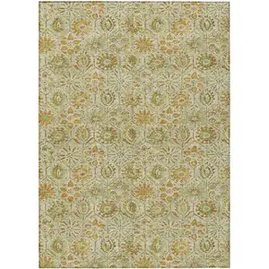 Photo of Beige And Gold Floral Washable Indoor Outdoor Area Rug