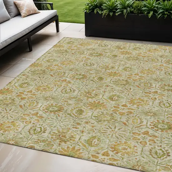 Beige And Gold Floral Washable Indoor Outdoor Area Rug Photo 2