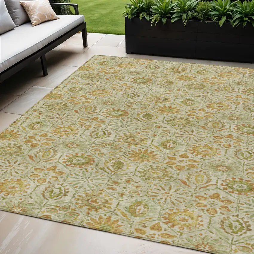Beige And Gold Floral Washable Indoor Outdoor Area Rug Photo 2