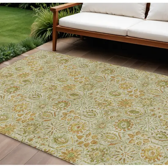 Beige And Gold Floral Washable Indoor Outdoor Area Rug Photo 2