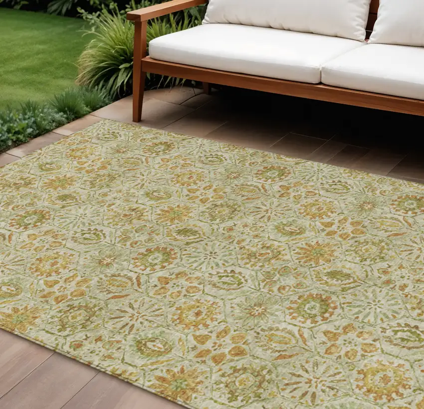 Beige And Gold Floral Washable Indoor Outdoor Area Rug Photo 2