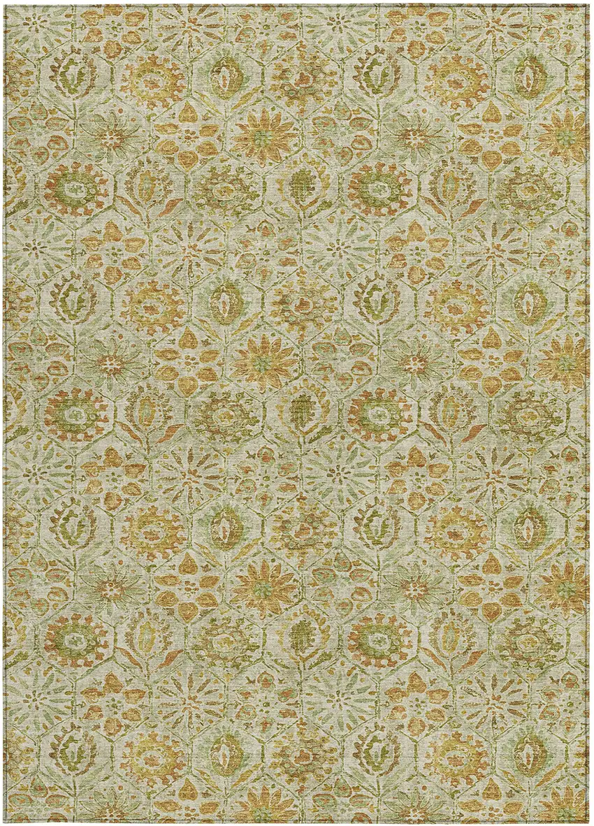 Beige And Gold Floral Washable Indoor Outdoor Area Rug Photo 4