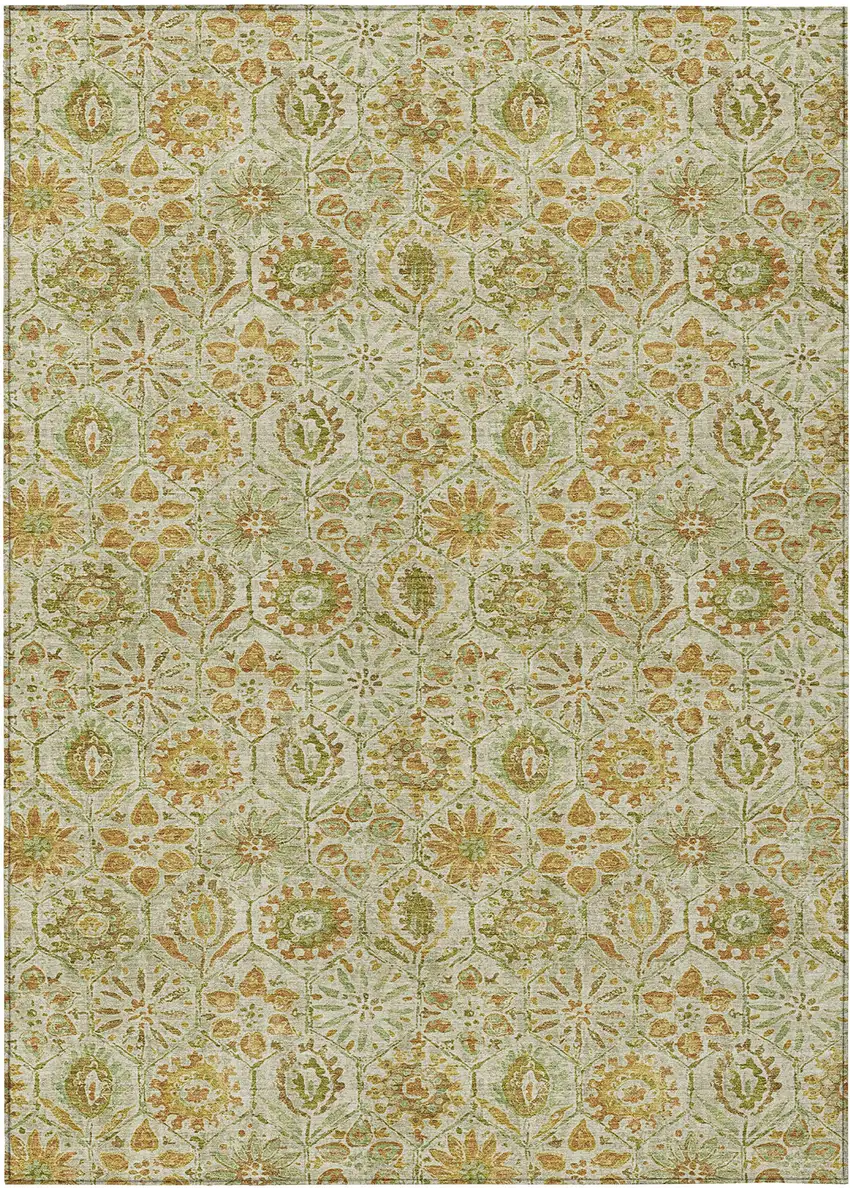 Beige And Gold Floral Washable Indoor Outdoor Area Rug Photo 1
