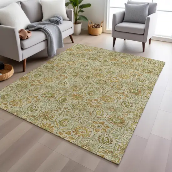 Beige And Gold Floral Washable Indoor Outdoor Area Rug Photo 6
