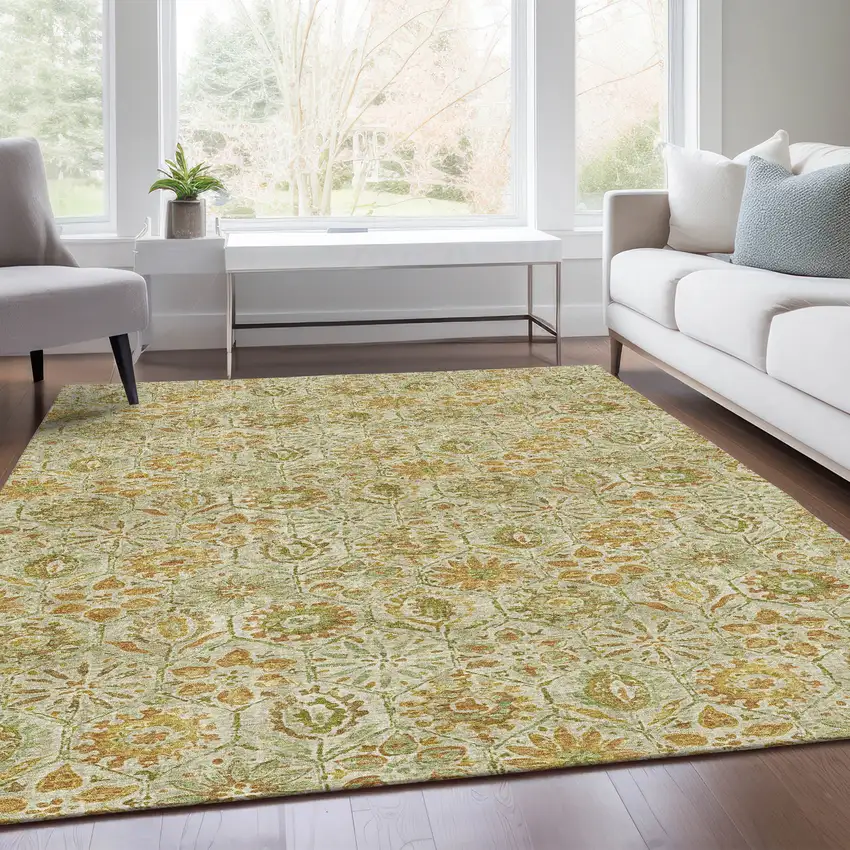 Beige And Gold Floral Washable Indoor Outdoor Area Rug Photo 7