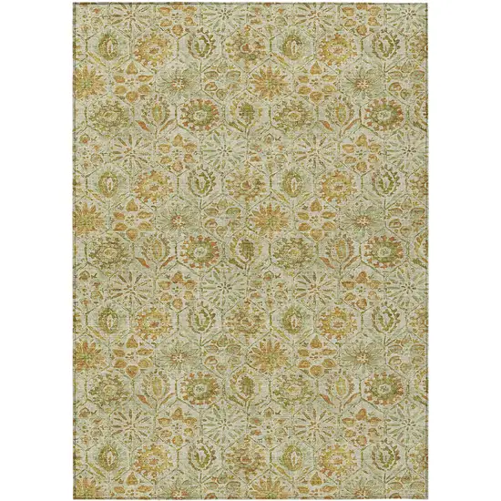 Beige And Gold Floral Washable Indoor Outdoor Area Rug Photo 1