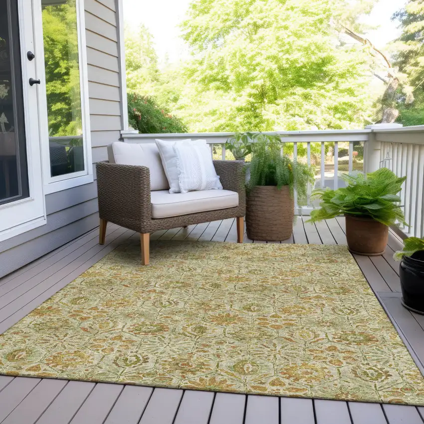 Beige And Gold Floral Washable Indoor Outdoor Area Rug Photo 8