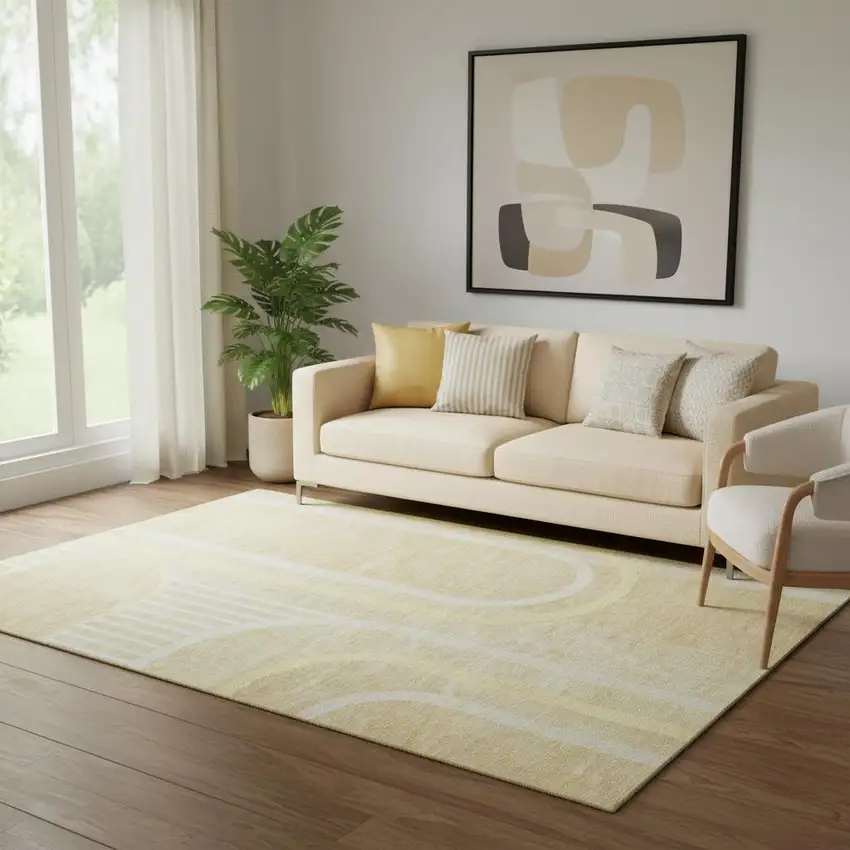 Beige And Gold Geometric Washable Area Rug With UV Protection Photo 1