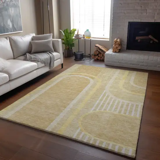 Beige And Gold Geometric Washable Area Rug With UV Protection Photo 3