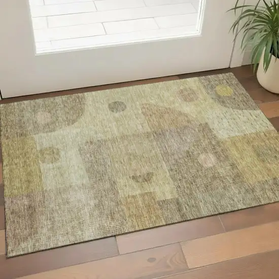 Beige And Gold Geometric Washable Area Rug With UV Protection Photo 1