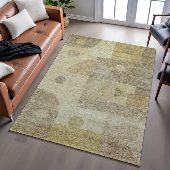 Beige And Gold Geometric Washable Area Rug With UV Protection Photo 4