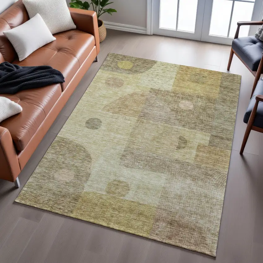 Beige And Gold Geometric Washable Area Rug With UV Protection Photo 4