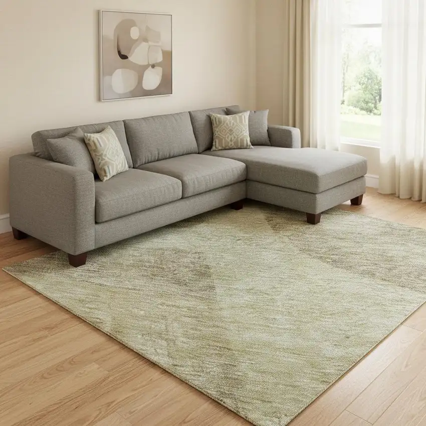 Beige And Gold Geometric Washable Area Rug With UV Protection Photo 2