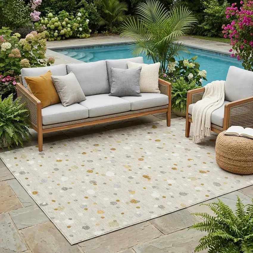 Beige And Gold Geometric Washable Indoor Outdoor Area Rug Photo 1