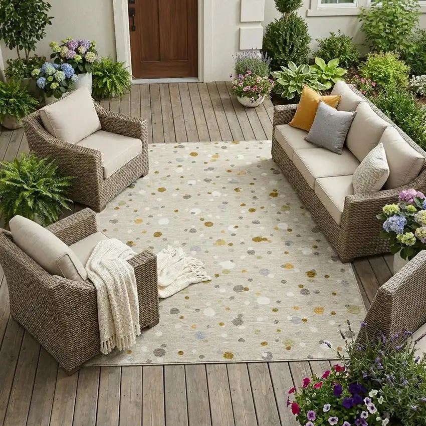 Beige And Gold Geometric Washable Indoor Outdoor Area Rug Photo 1