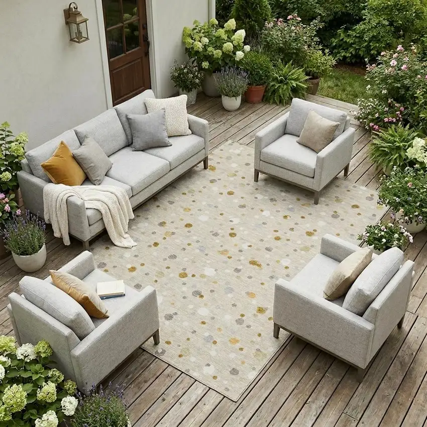 Beige And Gold Geometric Washable Indoor Outdoor Area Rug Photo 1