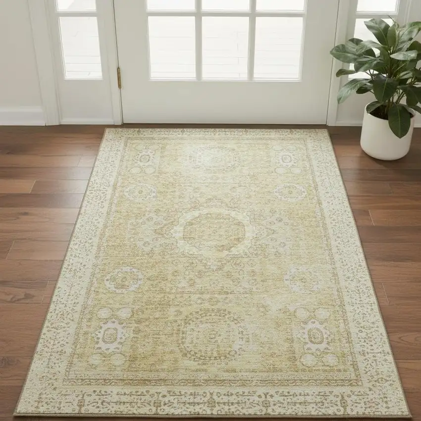 Beige And Gold Oriental Washable Area Rug With UV Protection Photo 2
