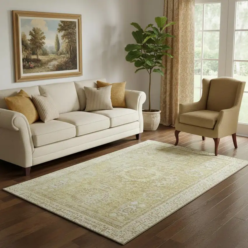 Beige And Gold Oriental Washable Area Rug With UV Protection Photo 2