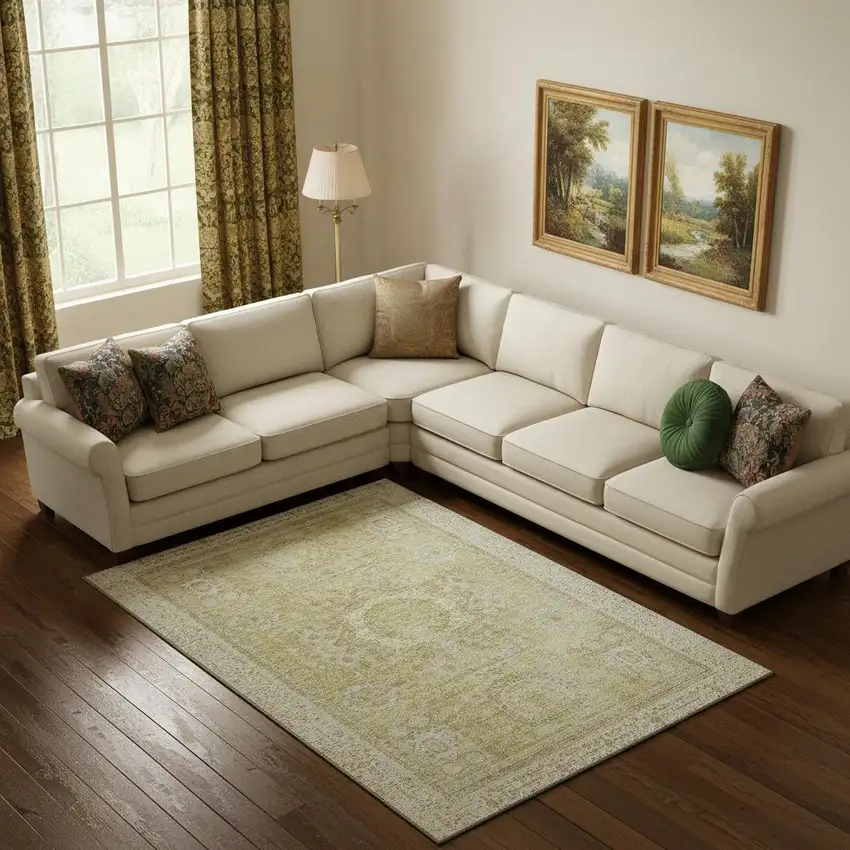 Beige And Gold Oriental Washable Area Rug With UV Protection Photo 1