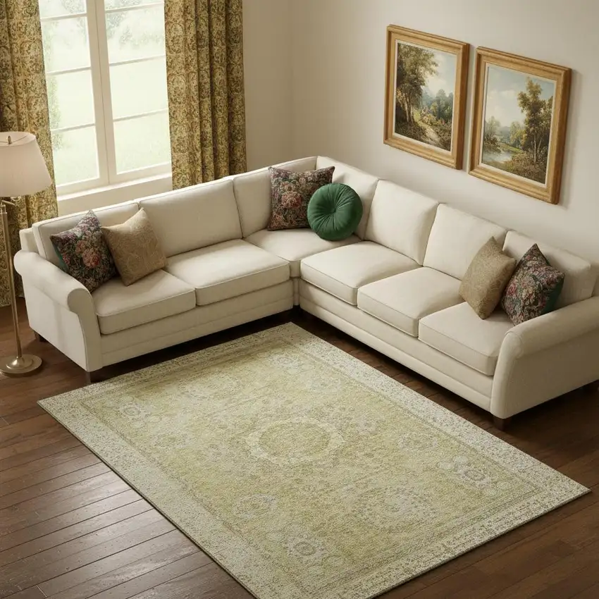 Beige And Gold Oriental Washable Area Rug With UV Protection Photo 2