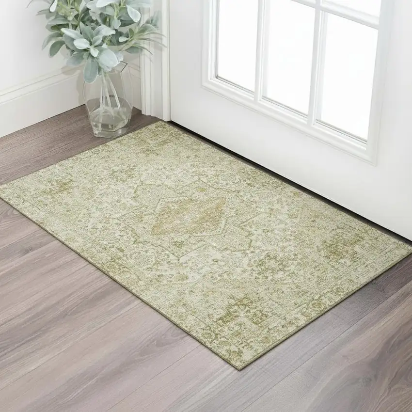 Beige And Gold Oriental Washable Area Rug With UV Protection Photo 2