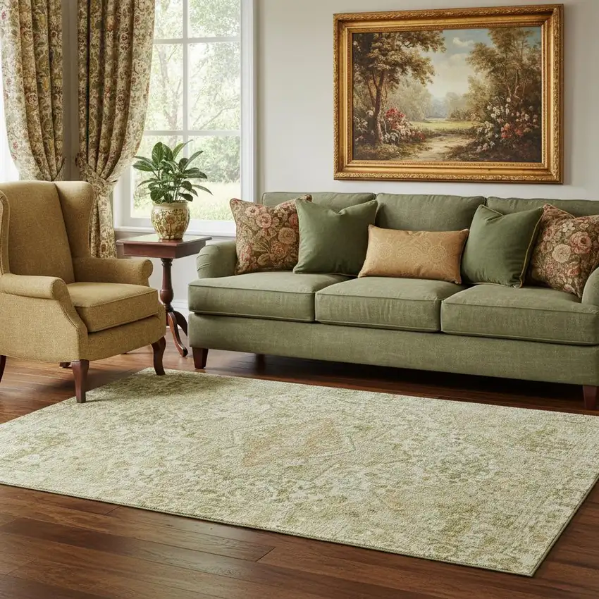 Beige And Gold Oriental Washable Area Rug With UV Protection Photo 2