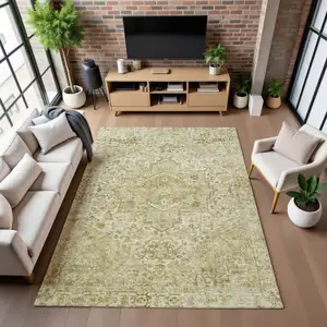 Photo of Beige And Gold Oriental Washable Area Rug With UV Protection