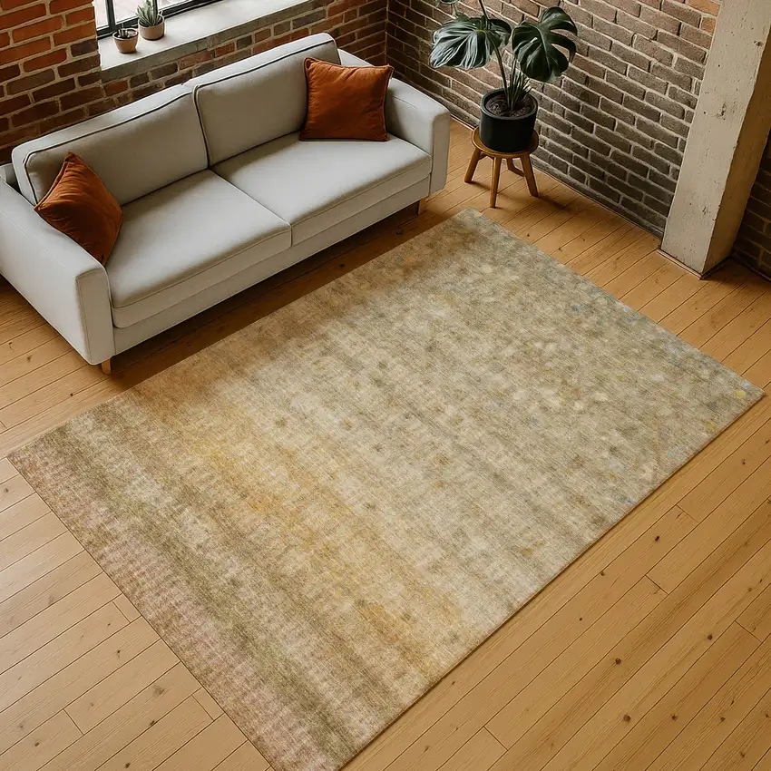 Beige And Gold Striped Washable Indoor Outdoor Area Rug Photo 9